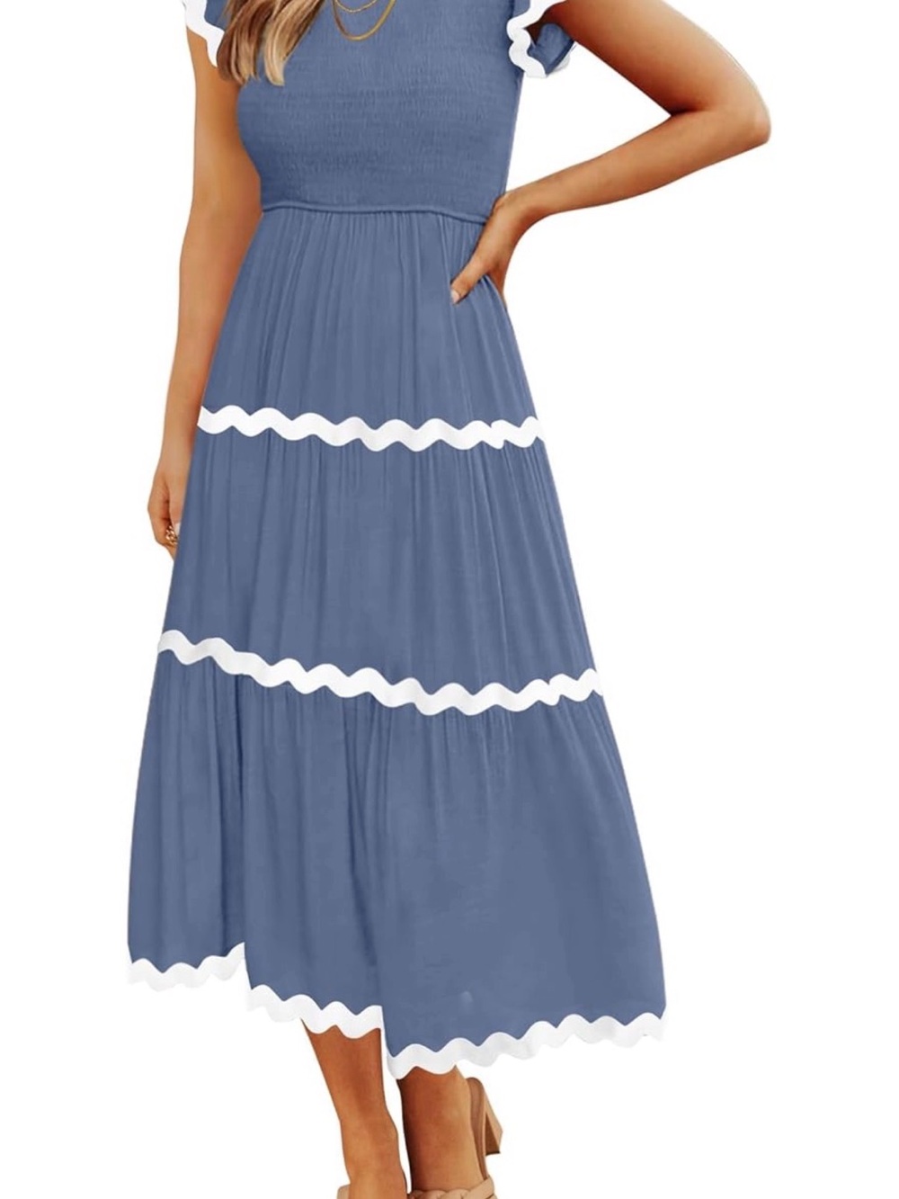 Blue Maxi Dress with White Scalloped Trim